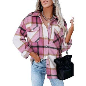 Women Pink Collared V Neck Button Down Oversized Long Sleeve Shirt Top